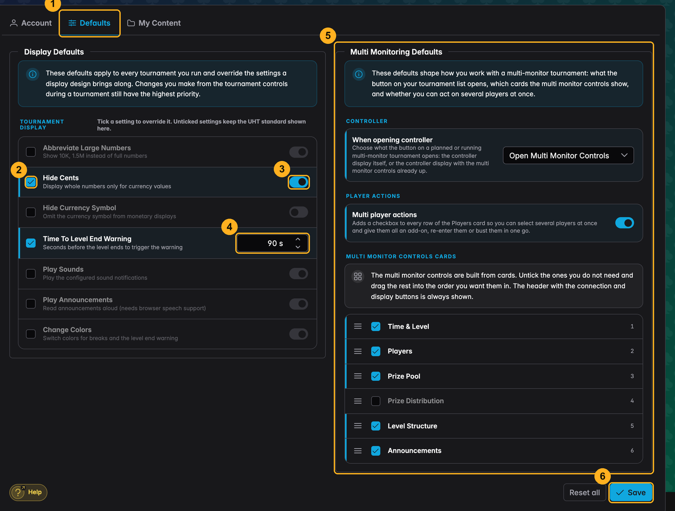 The Defaults tab in UHT Settings, with the Display Defaults and Multi Monitoring Defaults groups side by side