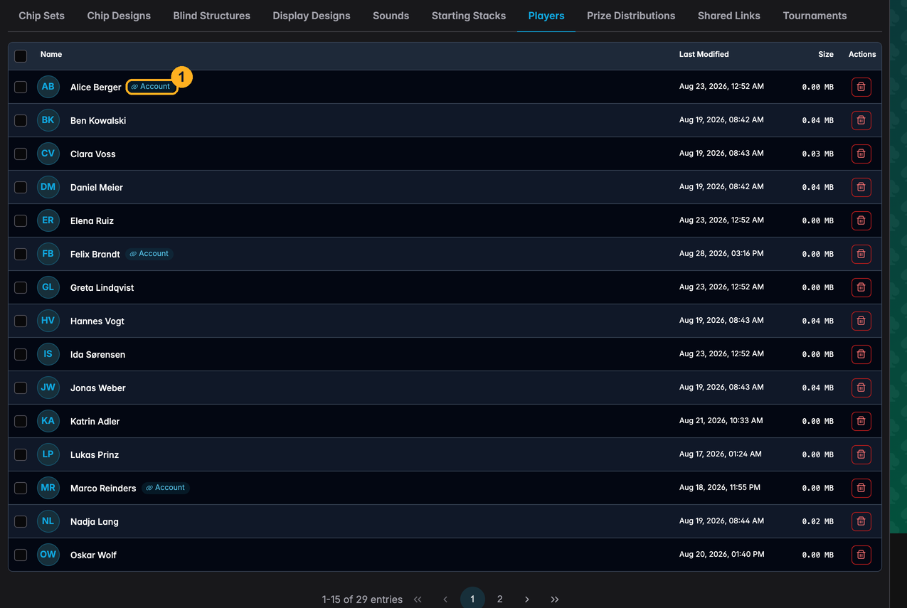 The players list in My Content, with the Account tag on a linked player