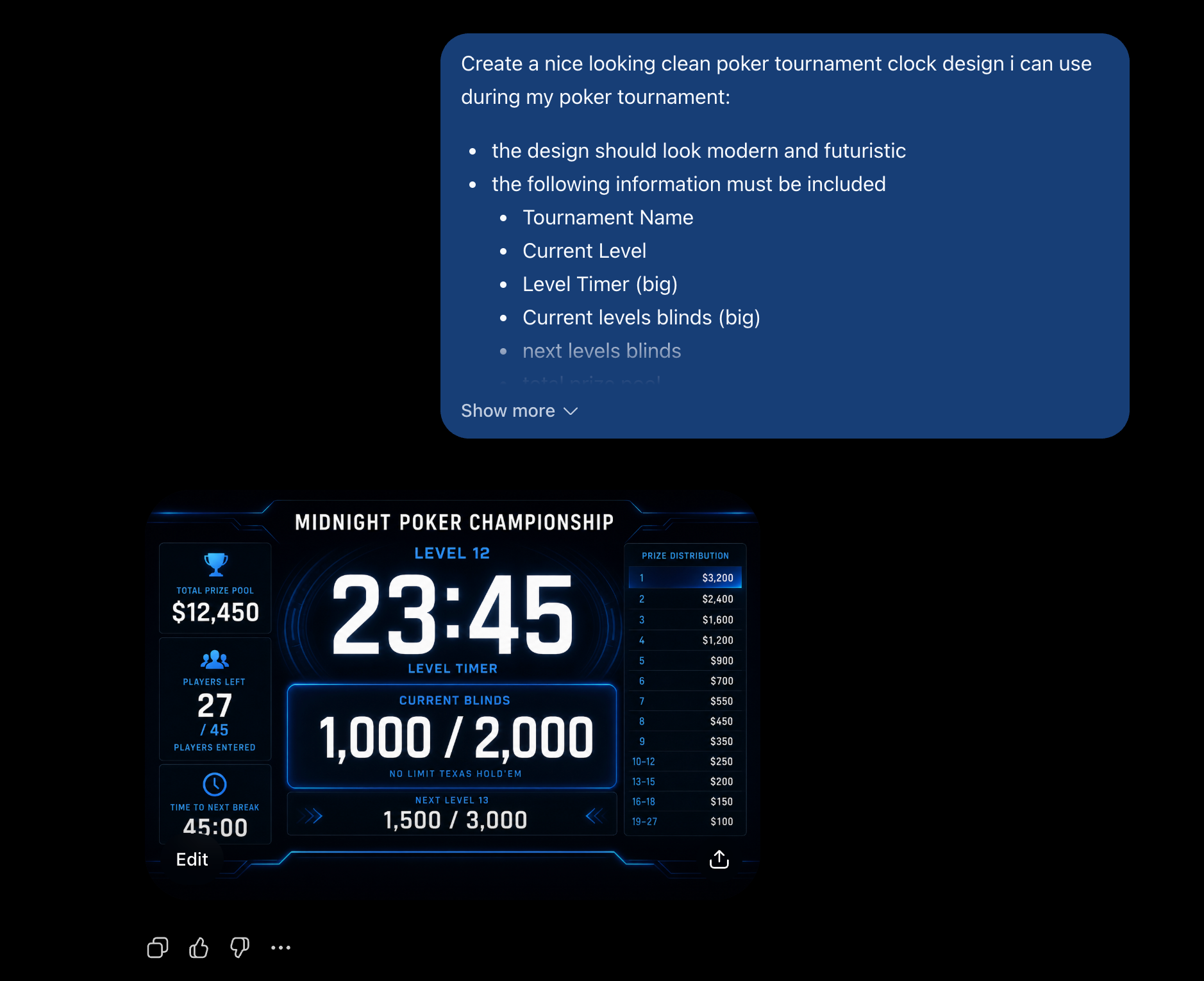 ChatGPT generating a futuristic tournament clock mockup from the prompt