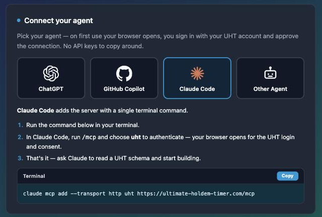 The landing page's agent picker with per-agent setup instructions