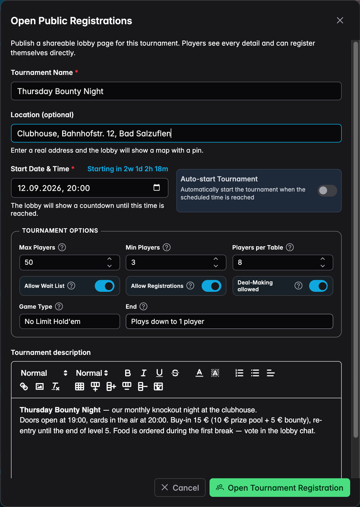 The Open Public Registrations dialog with name, location, start time, tournament options and description filled in