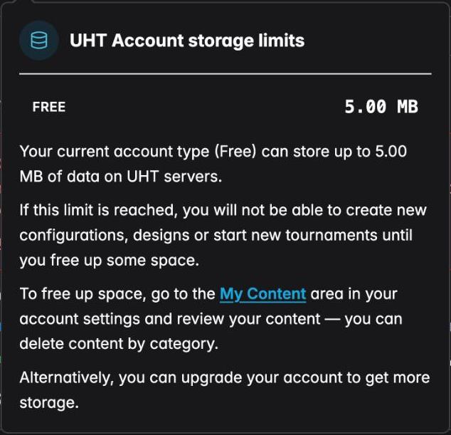 The storage limits popover showing the account type, the limit and what happens when it is reached