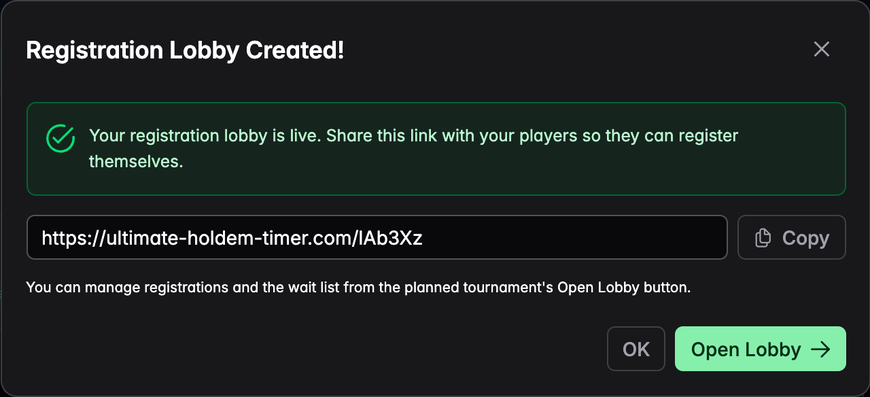 The success view showing the shareable lobby link with a Copy button