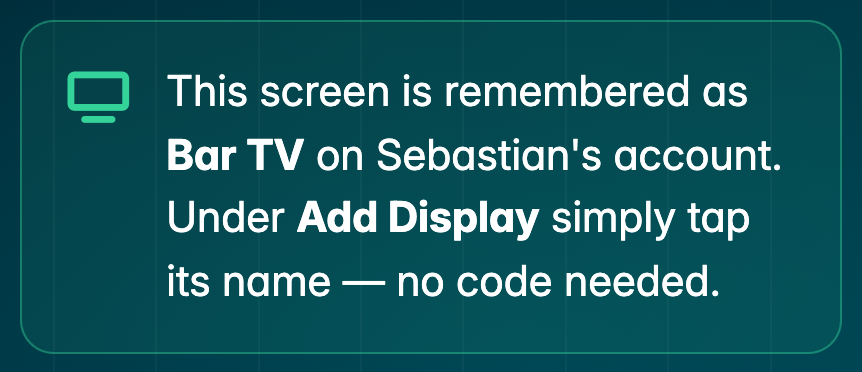 The connect page telling you the screen is remembered as Bar TV on Sebastian's account