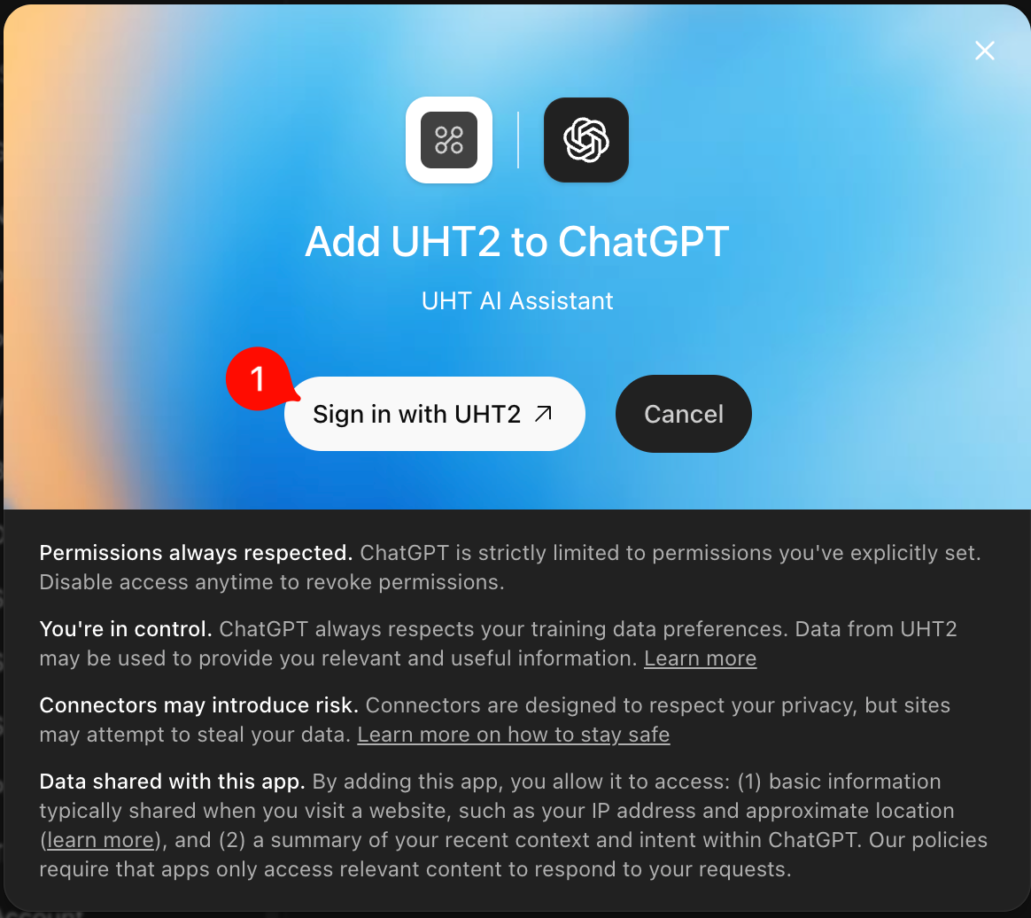 ChatGPT's Add UHT dialog with the sign-in button marked