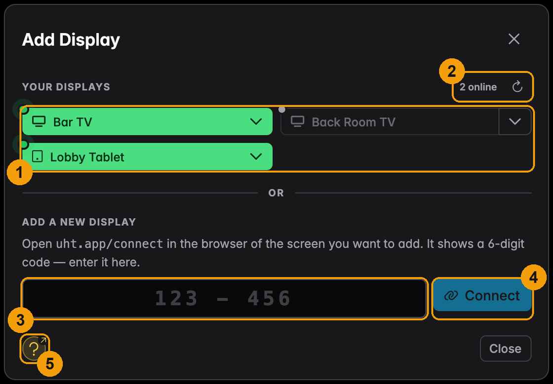 The Add Display dialog with remembered screens as buttons and a code field underneath