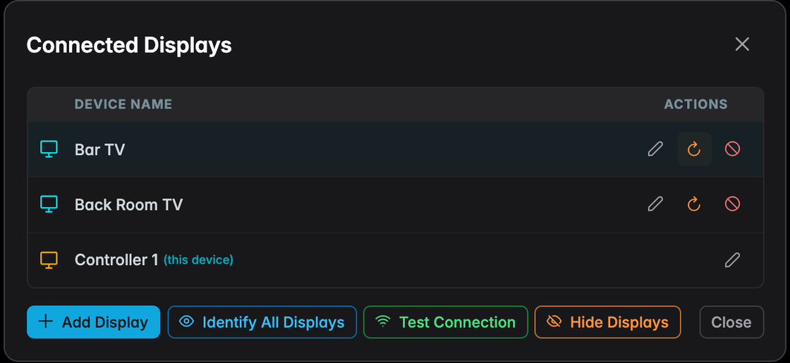 The Connected Displays dialog with per-device actions