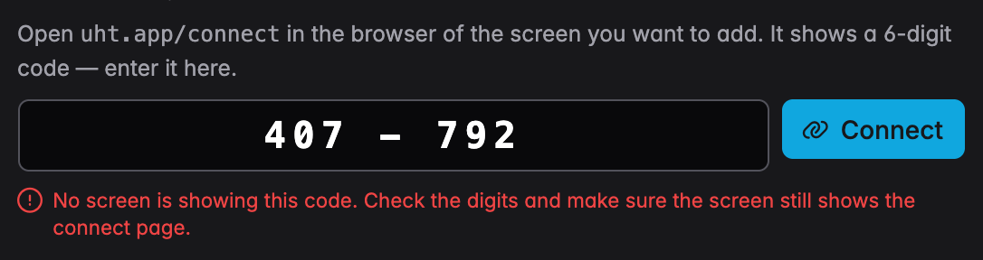 The code field with a wrong code and the message: no screen is showing this code