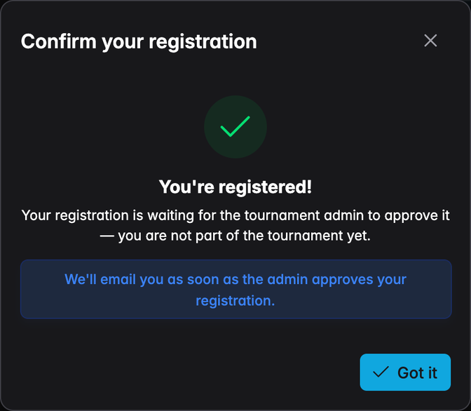 The success view explaining that the registration is pending the host's approval