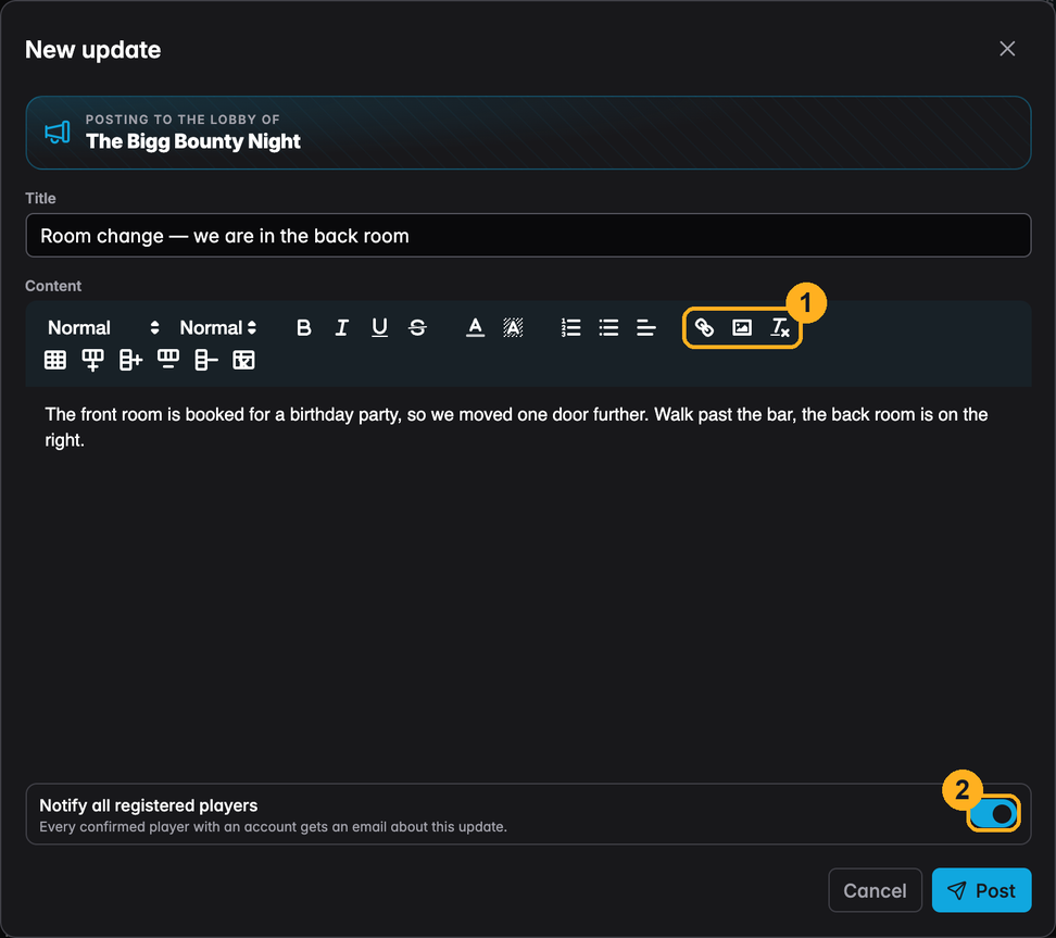 The New update dialog with a title, the rich-text editor and the notify switch marked