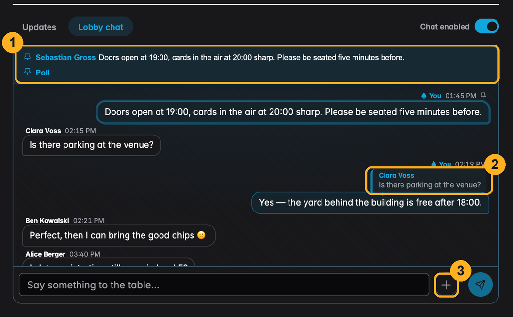 The lobby chat with the pinned message strip, a quoted reply and the composer