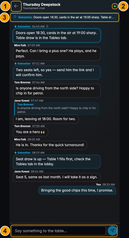 The full-screen tournament chat on a phone, with the back arrow, live dot, pinned strip and composer marked