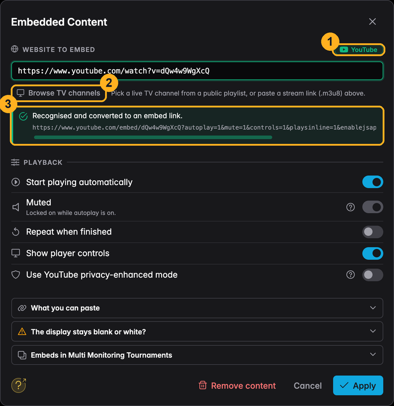The Embedded Content dialog with a YouTube link recognised, the provider badge and the Browse TV channels button marked