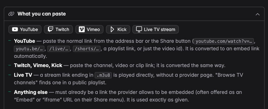 The dialog's What you can paste section, listing YouTube, Twitch, Vimeo, Kick and live TV streams