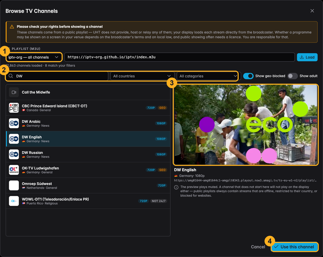 The Browse TV Channels dialog with the playlist selector, filters, channel list and a playing preview